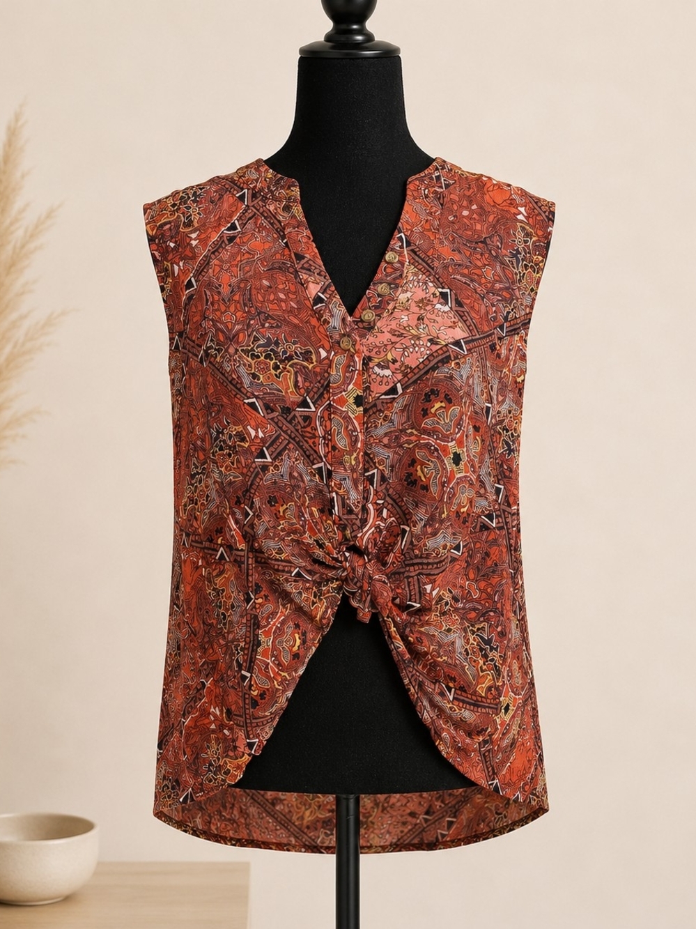 En Creme Rust Paisley Knot-Front Sleeveless Camisole